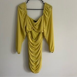 Forever 21 Yellow Long Sleeve Cutout Ruche Bodycon Mini Dress